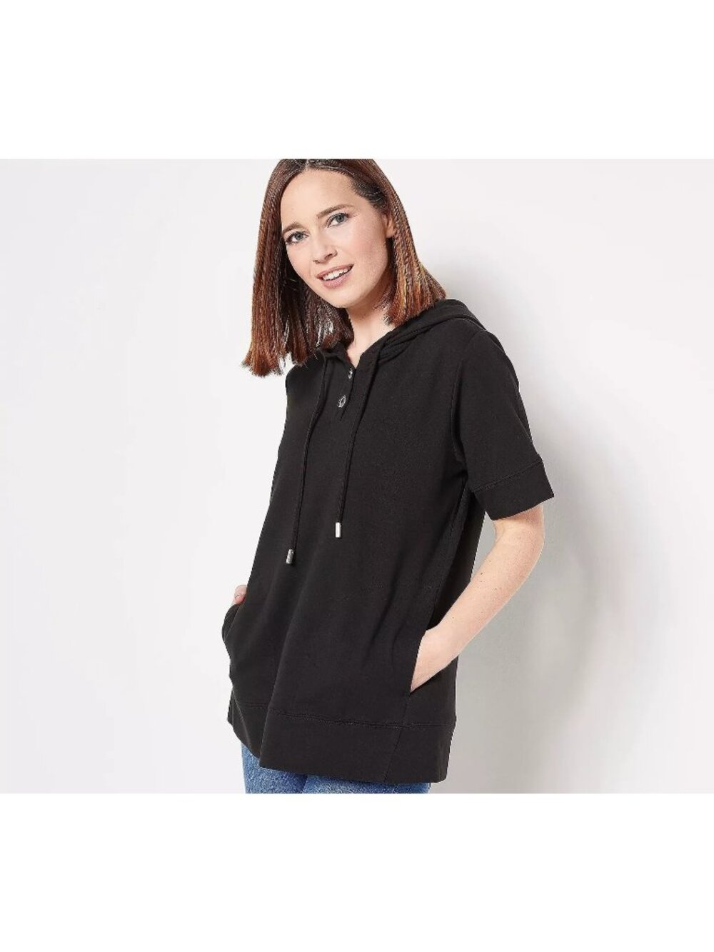 Joan Rivers French Terry Short Sleeve Hoodie Womens XS Black Cotton Blend NEW